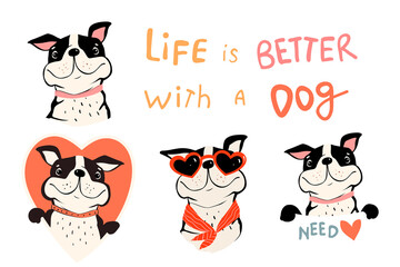 Collection of cute dogs, french bulldog or pug with quote and holding sign. Pet lovers symbols with Heart shapes. Fun Vector clipart in simple flat style for dog lovers.
