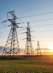 high voltage lines and power pylons in a green agricultural field against a saturated sunset sky