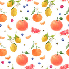 Beautiful seamless pattern with watercolor hand drawn citrus orange lemon grapefruit fruits. Stock illustration.