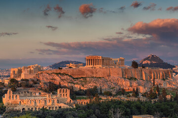 Fototapeta premium Sunset at Acropolis of Athens in Acropolis Hill, Greece.
