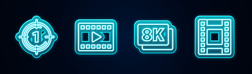 Set line Old film movie countdown frame, Play Video, 8k Ultra HD and . Glowing neon icon. Vector