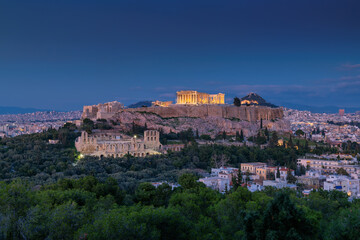 Fototapeta na wymiar Night view of Acropolis of Athens in Acropolis Hill, Greece.