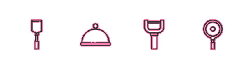 Set line Spatula, Peeler, Covered with tray and Frying pan icon. Vector