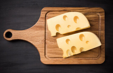 Fresh cheese on a wooden board. On black background.