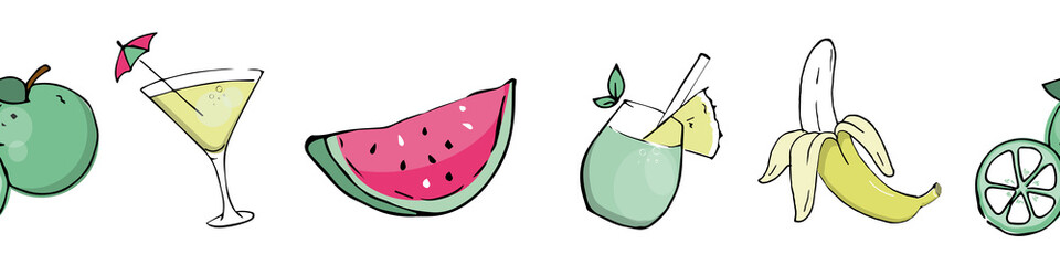 Seamless border of summer cocktails and fruits. A doodle-style graphic element. Watermelon slice, lime, banana and refreshing cocktails in glasses. Print, background, vector illustration.