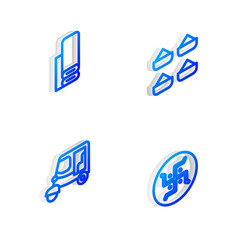 Set Isometric line Indian spice, textile fabric, Taxi tuk tuk and Hindu swastika icon. Vector