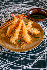 Japanese Cuisine - Tempura Shrimps (Deep Fried Shrimps) with sauce