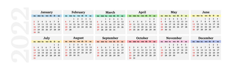 Horizontal calendar for 2022 on a white background