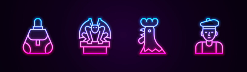 Set line Handbag, Gargoyle on pedestal, French rooster and man. Glowing neon icon. Vector