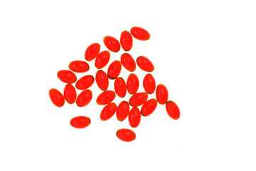 Krill oil red gelatin capsules isolated on white background.Source of omega fatty acids.Healthy food.krill oil supplements