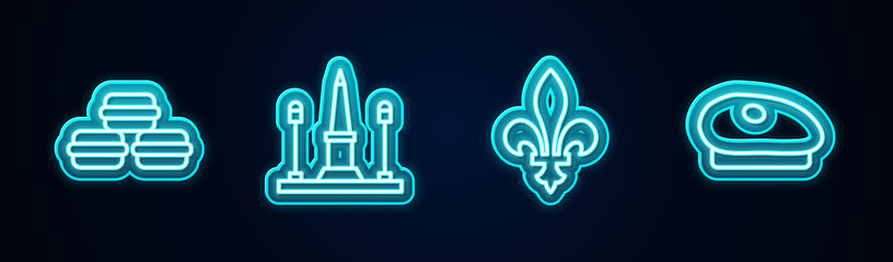 Set line Macaron cookie, Place De La Concorde, Fleur Lys and French beret. Glowing neon icon. Vector © vector_v