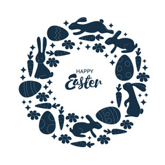 Hand lettering Happy Easter card. One color wreath with bunnies, flowers, eggs. Stamp