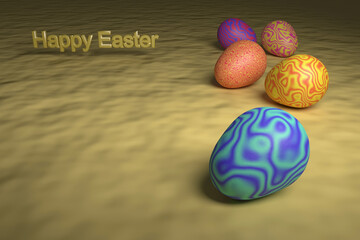 Happy easter. Multicolored Easter eggs with a wavy pattern. 3D rendering. Eggs on a slightly dented colored canvas. Free space for an inscription.