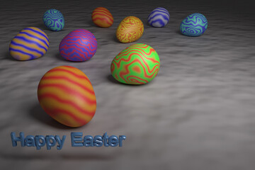 Happy easter. Multicolored Easter eggs with a wavy pattern. 3D rendering. Eggs on a slightly dented colored canvas. Free space for an inscription.