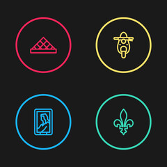 Set line Portrait in museum, Fleur De Lys, Scooter and Louvre icon. Vector
