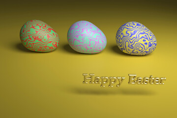 Happy easter. Multicolored Easter eggs with a wavy pattern. 3D rendering. Eggs on a slightly dented colored canvas. Free space for an inscription.