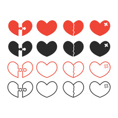 health and broken heart set, crack fixed with bandage. Breakup symbol. Simple flat vector style and line style