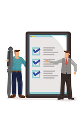 Businessman holding pen with tick marks checklist.