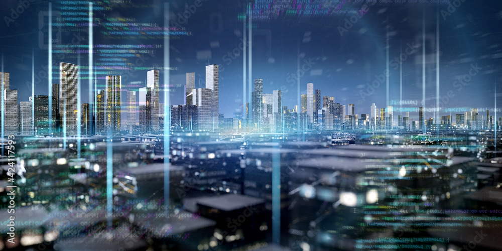 Poster smart city with network and communication connection - 3d rendering