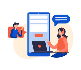 Contact us concept flat vector illustration. Custumer support online. Female support operator with headset talking with client. Can be used for corporate landing page template