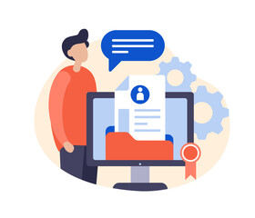 Portfolio or job seeker concept flat illustration for website menu template or landing page banner. Male cartoon character standing near monitor with folder on screen