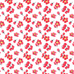 Seamless pattern  of a sakura. Pink and red stylized flowers of plum mei and wild apricots. Watercolor and ink illustration in style sumi-e, u-sin. Oriental traditional painting.