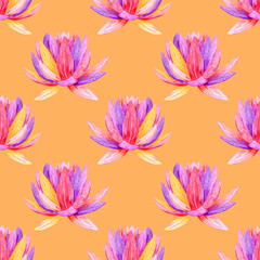 Fototapeta na wymiar Watercolor lotus flower seamless pattern on orange background. 
