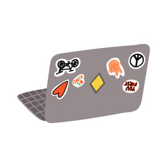 A cute cartoon style laptop of a young student or a schoolchild with various stickers. Vector isolated illustration.