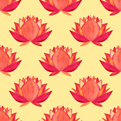 Tropical seamless pattern with  red lotus flower,  waterlily. Floral watercolor print on yellow background.