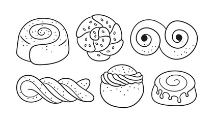 Traditional swedish sweets. Kanelbulle bun, cinnamon roll, Pepparkakor, Semla, lussekatt, dammsugare, prinsesstarta, waffle and chokladboll. Hand drawn isolated vector illustration on white background