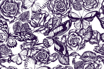 Artistic seamless pattern with african giant swallowtail, wallace's golden birdwing, jungle queens, plain tiger, papilio torquatus, roses