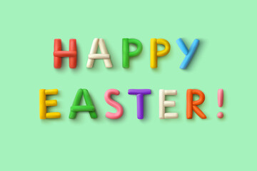 Happy easter. Congratulatory inscription of colorful letters from plasticine isolated on mint green background with soft shadow. Easter decoration. Design element