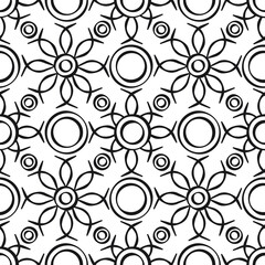 Flowered seamless pattern, black. A seamless retro pattern with dots intertwined with lines.