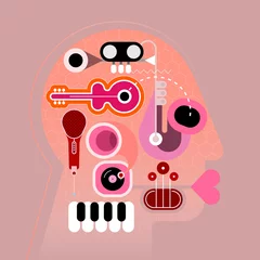 Gordijnen Muziek hoofd vectorillustratie. Menselijk hoofd vorm ontwerp bestaande uit een verschillende muziekinstrumenten vectorillustratie. ©  danjazzia