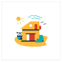 Beach hut flat icon. Modern facade comfortable house on beach. Perfect relax place. Seascape. Rest concept. Vector illustration