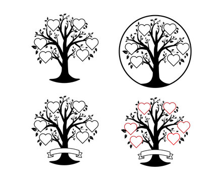 Vector illustration family tree black and red with hearts.