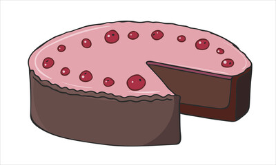 Chocolate cake with berries and cream. Sweet birthday cake. Vector illustration on a culinary theme.