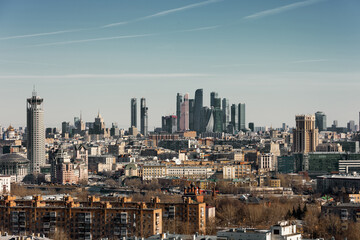 Obraz premium Panoramic view of the business center of Moscow march 2021. Large metropolis.