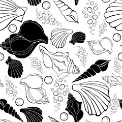 Modern flat outline sea shells, bubbles seamless pattern for fabric, textile, apparel, interior, stationery, wrapping paper, scrapbooking. Trendy marine endless texture. Exotic ocean shells contours