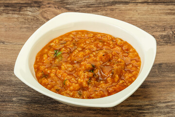 Traditional Georgian Kharcho soup with meat