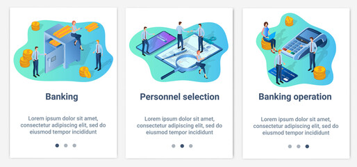 Modern flat illustrations in the form of a slider for web design. A set of UI and UX interfaces for the user interface.Banking, recruitment, and banking operations.