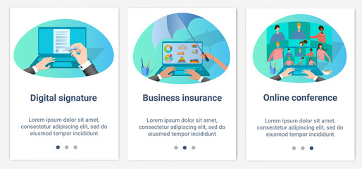 Modern flat illustrations in the form of a slider for web design. A set of UI and UX interfaces for the user interface.Digital signature,business insurance, and online conference.