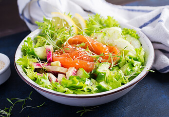 Ketogenic diet breakfast. Salt salmon salad with greens, cucumbers, celery and watermelon radish. Keto, paleo lunch.
