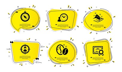 Time management, Travel compass and Coffee beans icons simple set. Yellow speech bubbles with dotwork effect. Skin care, Headhunting and Certificate signs. Vector