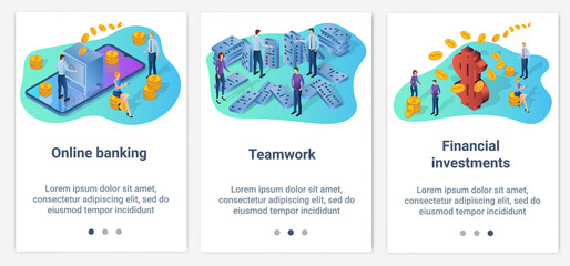 Modern flat illustrations in the form of a slider for web design. A set of UI and UX interfaces for the user interface.Online banking,teamwork, and financial investment.