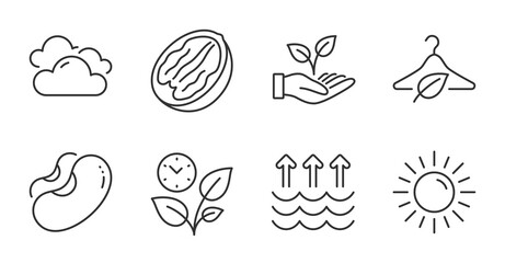 Leaves, Pecan nut and Slow fashion line icons set. Evaporation, Beans and Cloudy weather signs. Sun, Helping hand symbols. Grow plant, Vegetarian food, Eco tested. Nature set. Vector