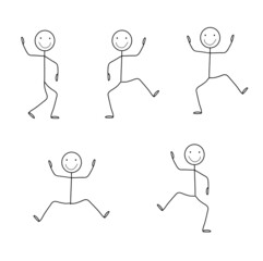 happy dancing stick man drawing in different poses isolated on white background