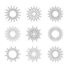 Vector set of retro style geometric shine icons, black circles isolated on white background, rays of explosions.
