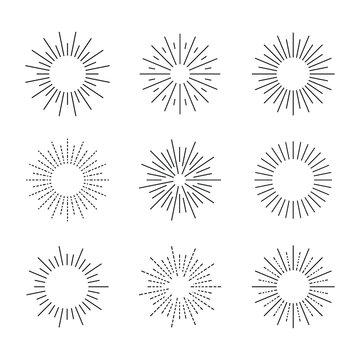 Vector set of retro style geometric shine icons, black circles isolated on white background, rays of explosions.
