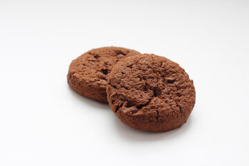 Round chocolate chip cookies. View from above. Chocolate homemade cookies isolated on white background.